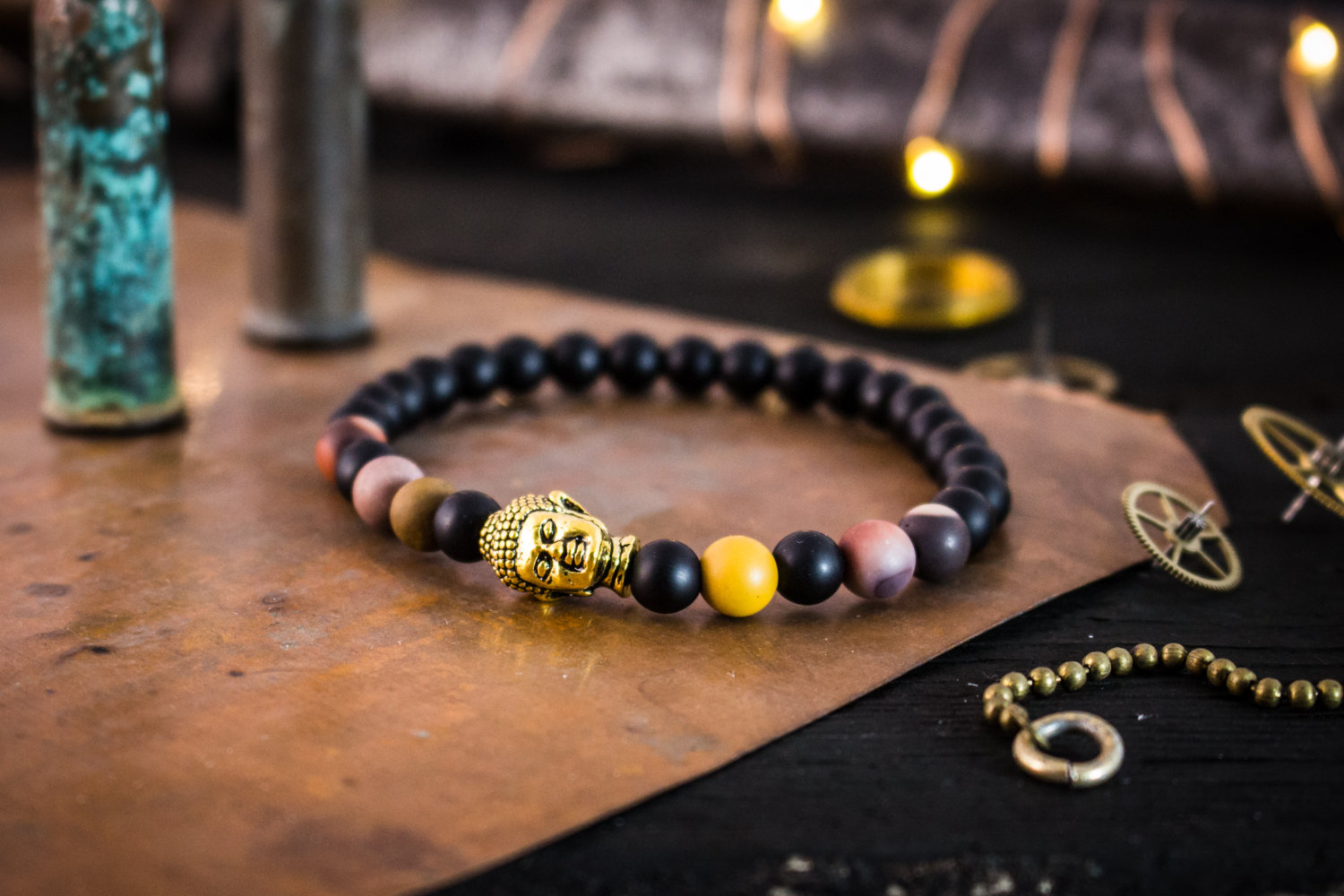 Rivaansh - 6mm - Matte Black Onyx & Frosted Mookaite Beaded Stretchy  Bracelet with Gold Buddha