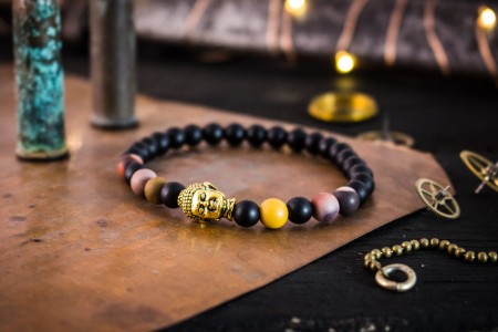 Rivaansh - 6mm - Matte Black Onyx & Frosted Mookaite Beaded Stretchy Bracelet with Gold Buddha