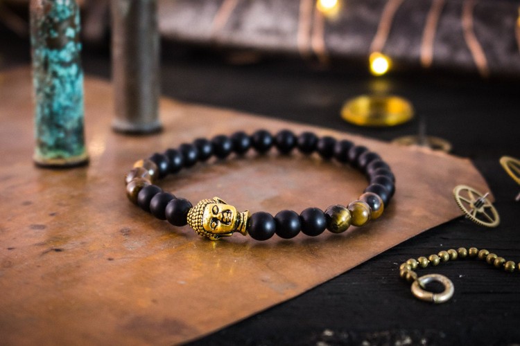 Hugo - 6mm - Matte Black Onyx & Tiger Eye Stone Beaded Stretchy Bracelet with Gold Buddha from STRAPSANDBRACELETS