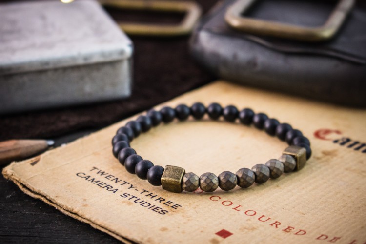 Edwin - 6mm - Set Of 2 - Matte Black Onyx Beaded Bracelet with Bronze Hematite Beads plus, a Braided Leather Bracelet from STRAPSANDBRACELETS