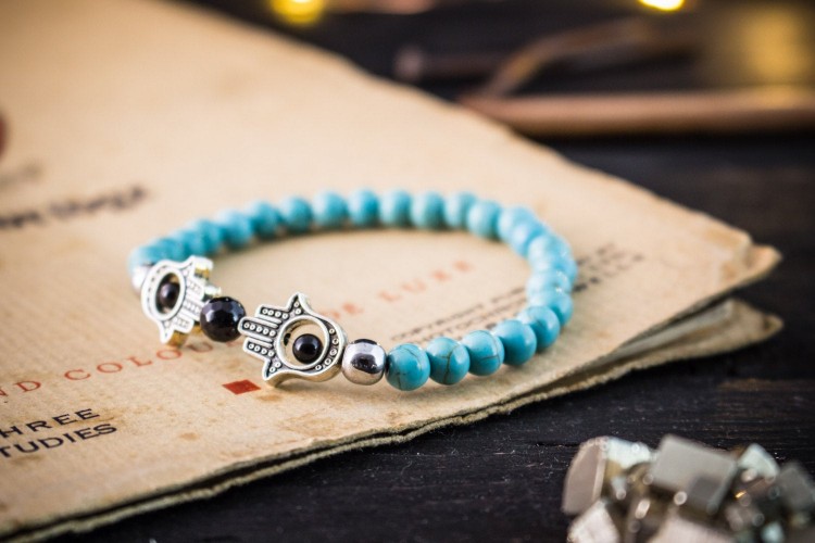 Ioannis - 6mm - Turquoise Beaded Stretchy Bracelet with Silver Hamsa Hands from STRAPSANDBRACELETS