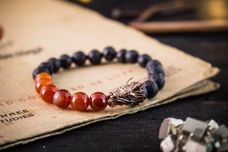 Kalyn - 8mm - Black Lava Stone And Orange Agate Beaded Stretchy Bracelet with Rose Gold Dragon