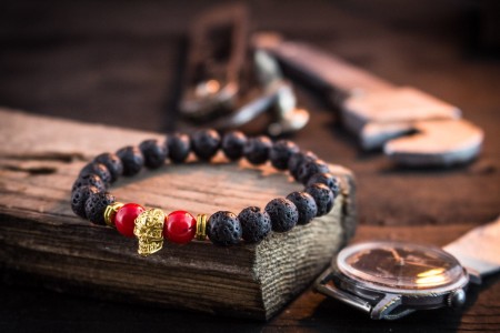 Sophocles - 8mm - Black Lava Stone And Red Imitation Coral Beaded Stretchy Bracelet with Gold Skull 