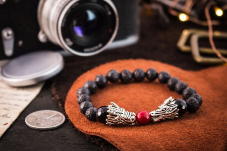 Michal - 8mm - Black Lava Stone Beaded Double Silver Dragon Head Stretchy Bracelet with a Faceted Red Imitation Coral Bead