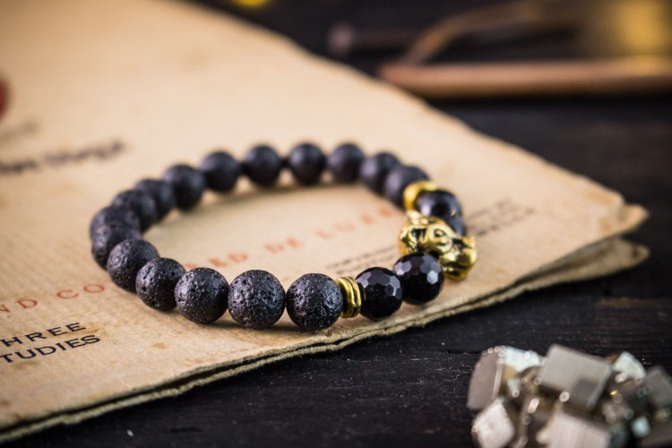 Shia - 8mm - Black Lava Stone Beaded Stretchy Bracelet with Gold Leopard Head & Faceted Onyx Beads from STRAPSANDBRACELETS