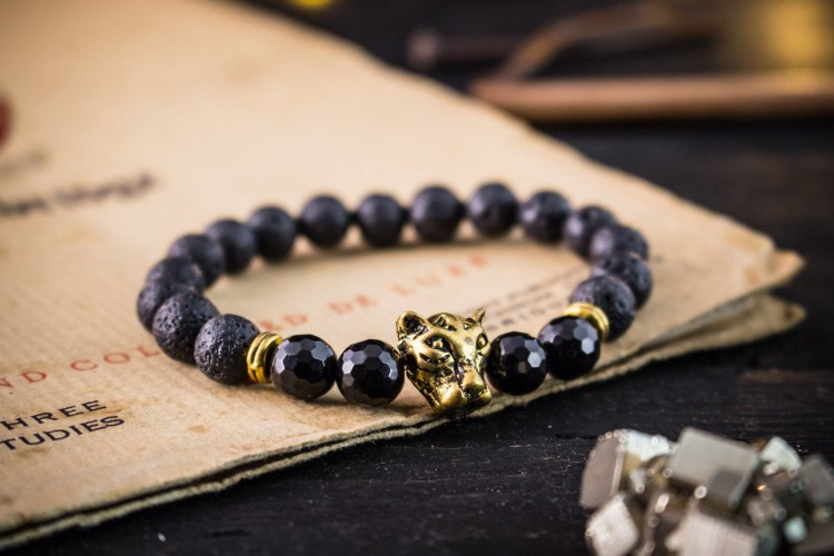 Shia - 8mm - Black Lava Stone Beaded Stretchy Bracelet with Gold Leopard Head & Faceted Onyx Beads from STRAPSANDBRACELETS