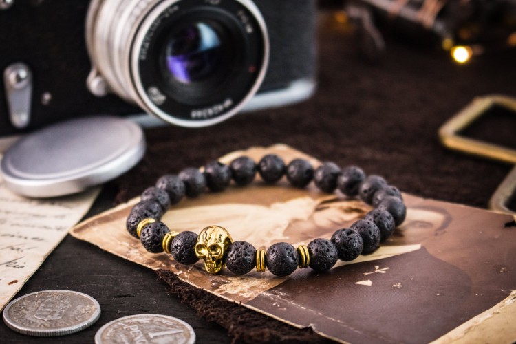 Aonghus - 8mm - Black Lava Stone Beaded Stretchy Bracelet with Gold Skull from STRAPSANDBRACELETS