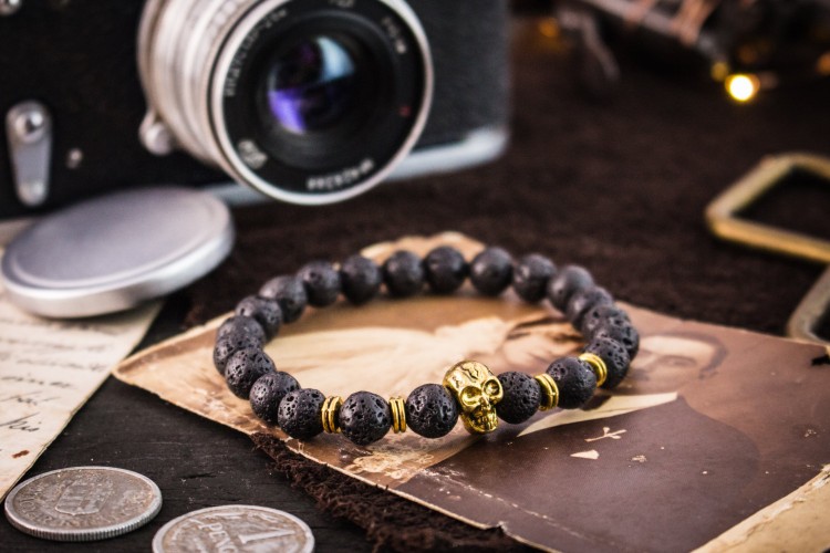 Aonghus - 8mm - Black Lava Stone Beaded Stretchy Bracelet with Gold Skull from STRAPSANDBRACELETS