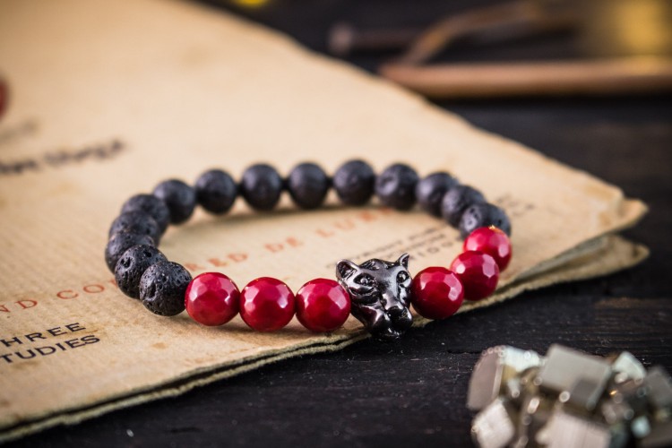 Kolbeinn - 8mm - Black Lava Stone Beaded Stretchy Bracelet with Gun Black Leopard & Faceted Red Imitation Coral Beads from STRAPSANDBRACELETS