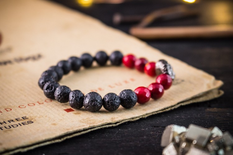 Brooklyn - 8mm - Black Lava Stone Beaded Stretchy Bracelet With Gun Black Lion & Faceted Red Imitation Coral Beads from STRAPSANDBRACELETS
