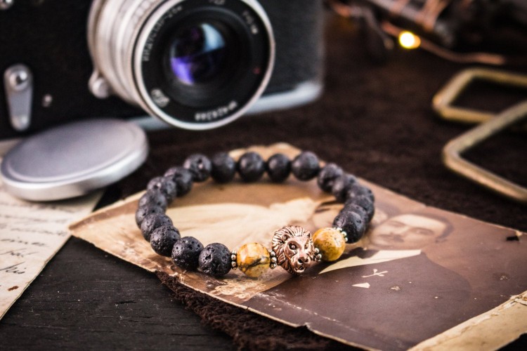 Blaine - 8mm - Black Lava Stone Beaded Rose Gold Lion Stretchy Bracelet with Jasper Stone Beads and Silver Flowers from STRAPSANDBRACELETS