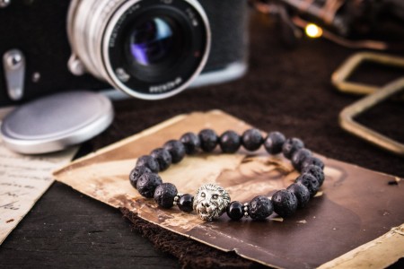 Roshan - 8mm - Black Lava Stone Beaded Stretchy Bracelet with Silver Lion 
