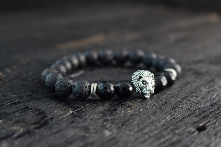 Marc - 8mm - Black Lava Stone Beaded Stretchy Bracelet with Silver Lion and Faceted Onyx Beads from STRAPSANDBRACELETS