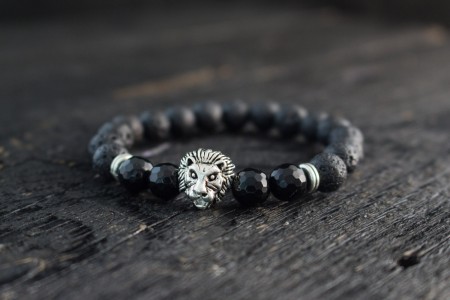 Marc - 8mm - Black Lava Stone Beaded Stretchy Bracelet with Silver Lion and Faceted Onyx Beads