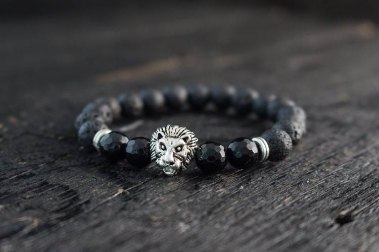 Marc - 8mm - Black Lava Stone Beaded Stretchy Bracelet with Silver Lion and Faceted Onyx Beads from STRAPSANDBRACELETS