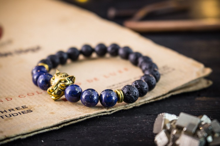 Azeem - 8mm - Black Lava Stone & Lapis Lazuli Beaded Stretchy Bracelet with Gold Leopard from STRAPSANDBRACELETS