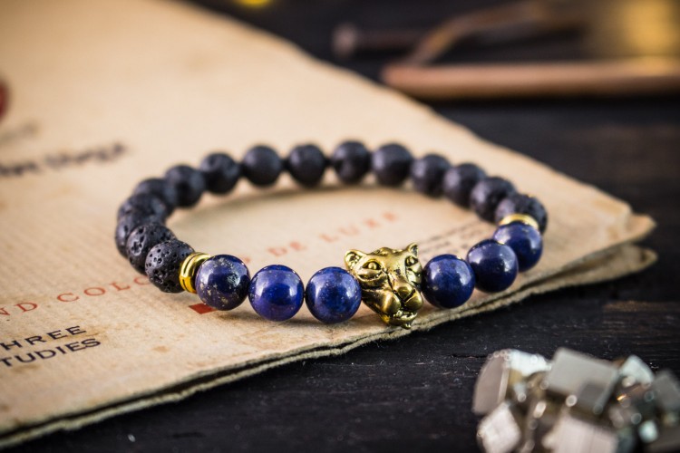 Azeem - 8mm - Black Lava Stone & Lapis Lazuli Beaded Stretchy Bracelet with Gold Leopard from STRAPSANDBRACELETS