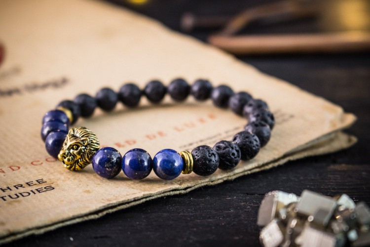 Gavyn - 8mm - Black Lava Stone & Lapis Lazuli Beaded Stretchy Bracelet with Gold Lion from STRAPSANDBRACELETS