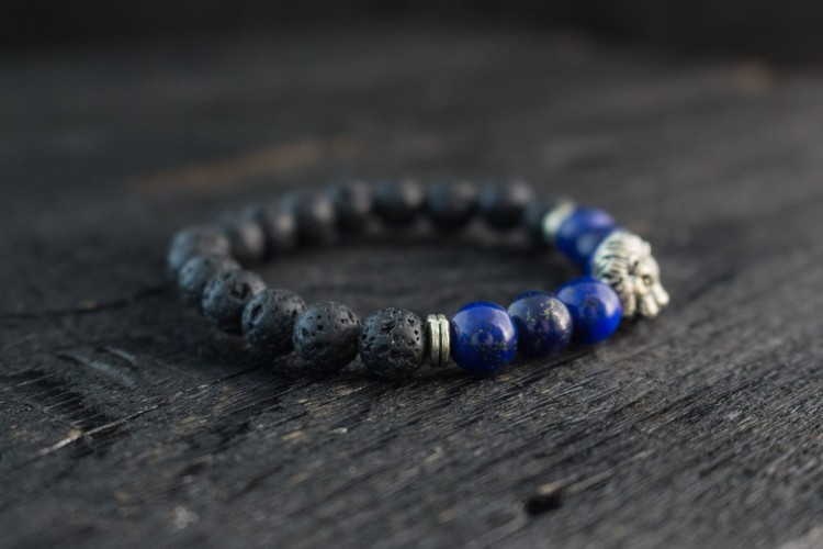Aaroh - 8mm - Black Lava Stone & Lapis Lazuli Beaded Stretchy Bracelet with Silver Lion from STRAPSANDBRACELETS