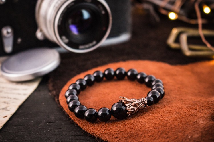 Donn - 8mm - Black Onyx Beaded Stretchy Bracelet with Rose Gold Dragon Head and Faceted Onyx Bead from STRAPSANDBRACELETS