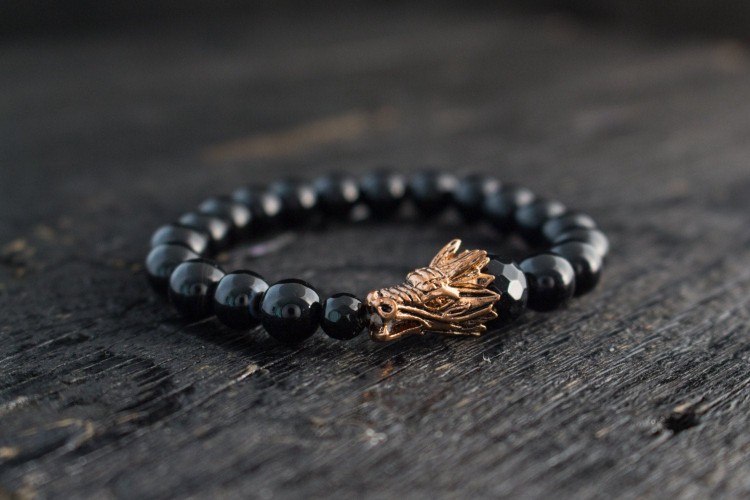 Donn - 8mm - Black Onyx Beaded Stretchy Bracelet with Rose Gold Dragon Head and Faceted Onyx Bead from STRAPSANDBRACELETS