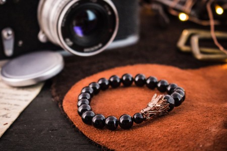 Donn - 8mm - Black Onyx Beaded Stretchy Bracelet with Rose Gold Dragon Head and Faceted Onyx Bead