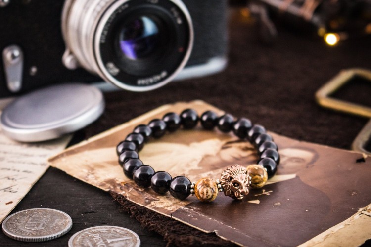Kiran - 8mm - Black Onyx Beaded Rose Gold Lion Stretchy Bracelet with Jasper Stone Beads and Silver Flowers from STRAPSANDBRACELETS