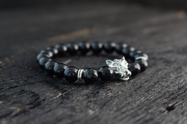 Cobi - 8mm - Black Onyx Beaded Stretchy Bracelet With Silver Leopard Head & Faceted Onyx Beads from STRAPSANDBRACELETS