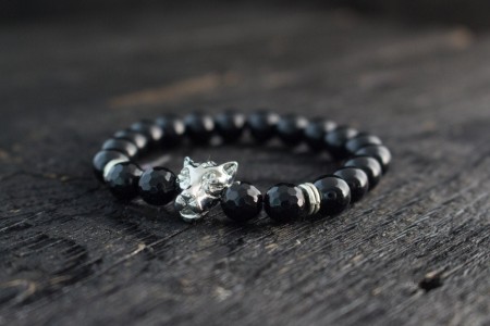 Cobi - 8mm - Black Onyx Beaded Stretchy Bracelet With Silver Leopard Head & Faceted Onyx Beads