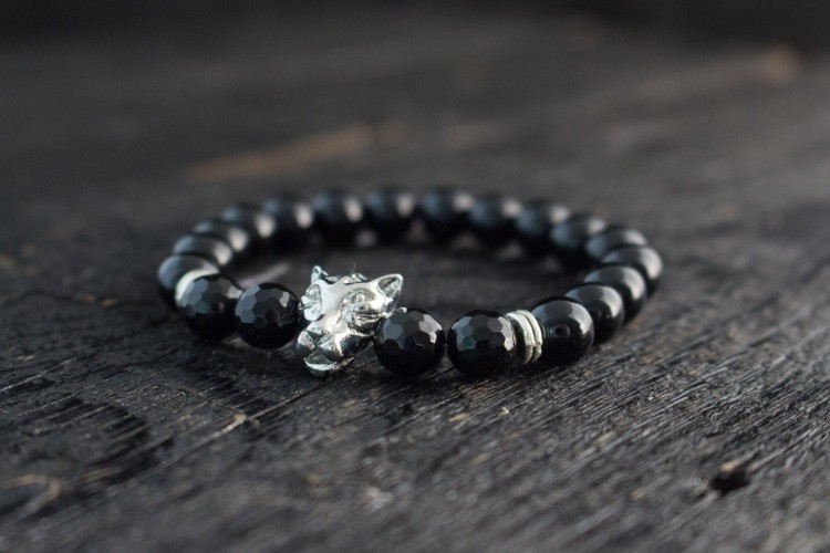 Cobi - 8mm - Black Onyx Beaded Stretchy Bracelet With Silver Leopard Head & Faceted Onyx Beads from STRAPSANDBRACELETS