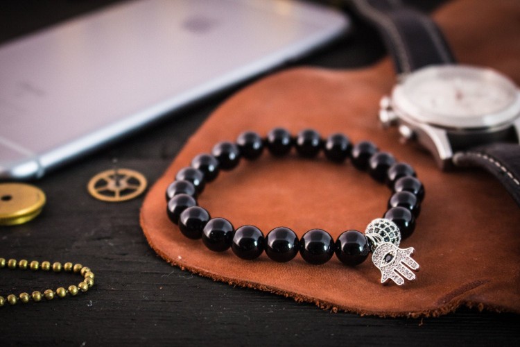 Efren - 8mm - Black Onyx Beaded Stretchy Bracelet with Silver Micro Pave Hamsa Hand Charm & Ball from STRAPSANDBRACELETS