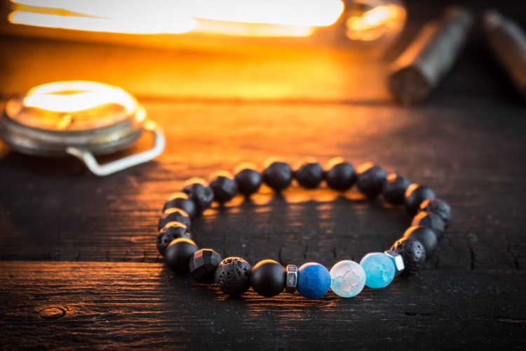 Odyn - 8mm - Black Onyx, Lava Stone & Transparent Blue Agate Beaded Stretchy Bracelet from STRAPSANDBRACELETS