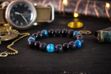 Kuba - 8mm - Black Onyx, Matte Black Onyx, Blue Agate & Lava Stone Beaded Stretchy Bracelet