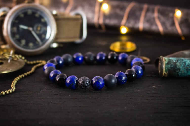 Rhoan - 8mm - Black Onyx, Matte Black Onyx, Blue Lapis Lazuli & Lava Stone Beaded Stretchy Bracelet from STRAPSANDBRACELETS