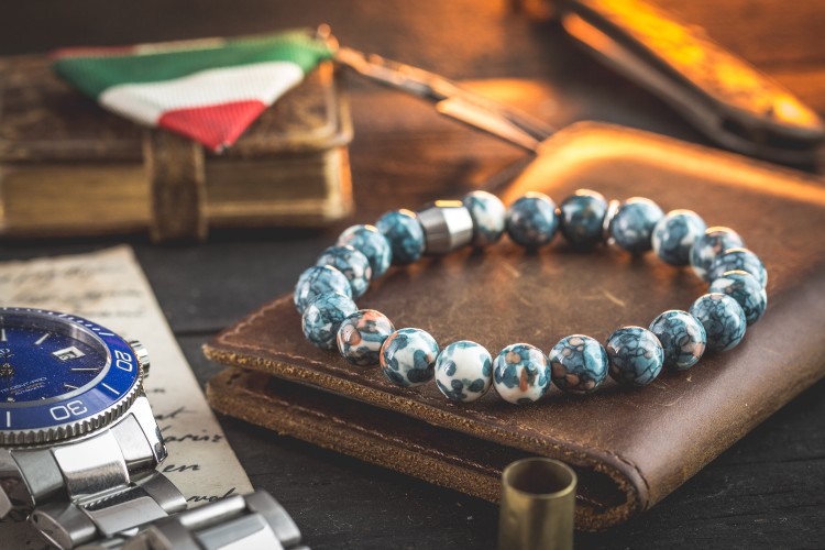 Toryn - 8mm - Bluish Ocean Jade Beaded Stretchy Bracelet with Stainless Steel Anchor from STRAPSANDBRACELETS