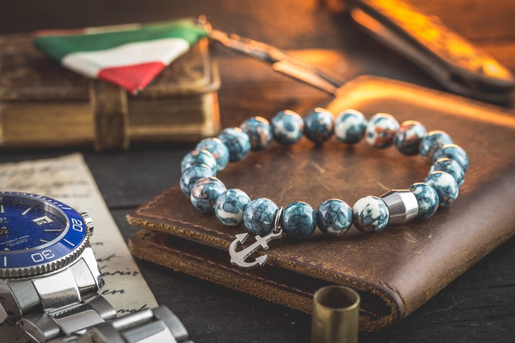 Toryn - 8mm - Bluish Ocean Jade Beaded Stretchy Bracelet with Stainless Steel Anchor from STRAPSANDBRACELETS