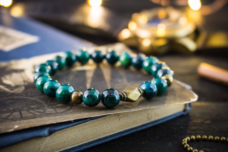 Sabawoon - 8mm - Greenish Chrysocolla Beaded Stretchy Bracelet with Bronze Beads from STRAPSANDBRACELETS