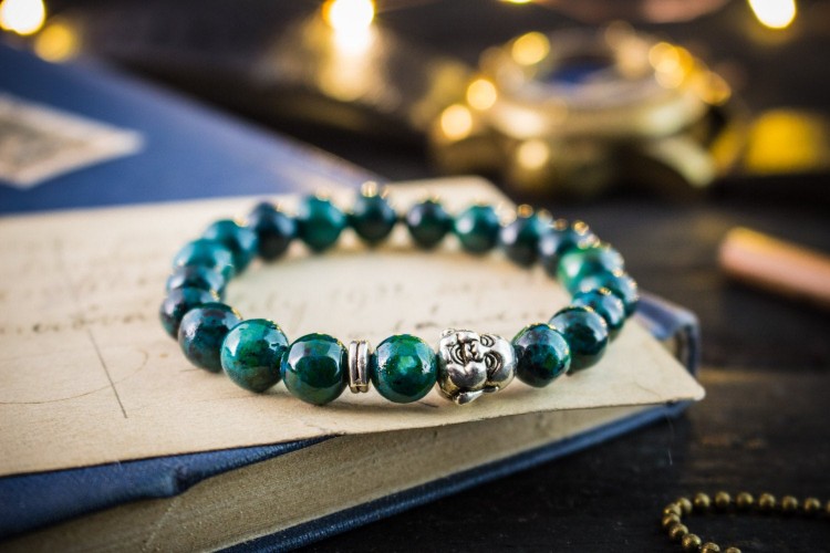 Lorcan - 8mm - Greenish Chrysocolla Beaded Stretchy Bracelet with Silver Laughing Buddha from STRAPSANDBRACELETS