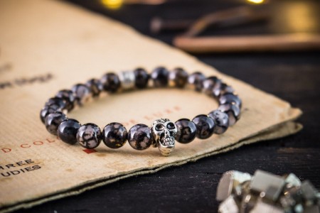 Jay - 8mm - Grey Dragon Vein Beads Stretchy Bracelet with Skull