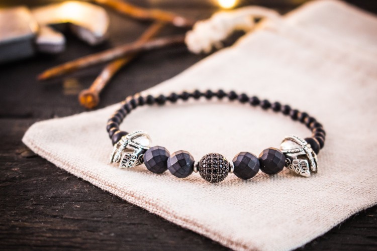 Guardians II - 4-8mm - Matte Black Faceted Onyx Beaded Stretchy Bracelet with Micro Pave Bead & Helmets from STRAPSANDBRACELETS