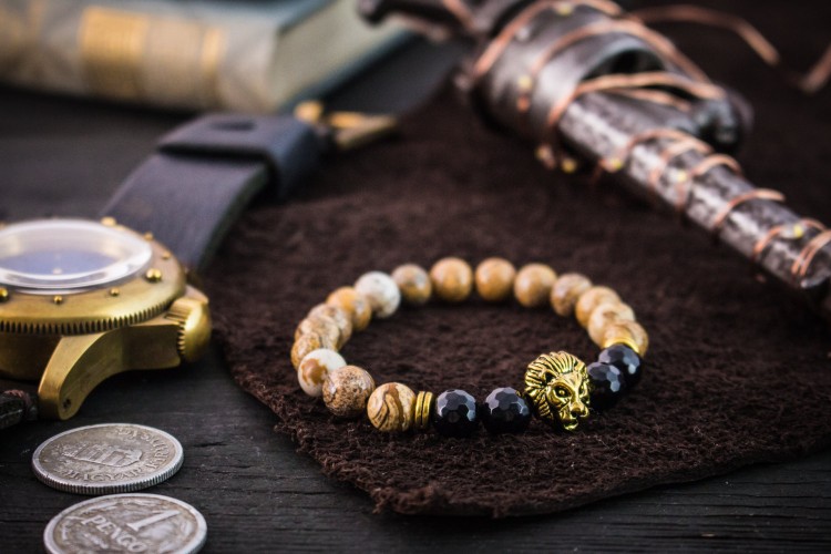 Brody - 8mm - Jasper Stone Beaded Stretchy Bracelet With Gold Lion Head & Faceted Onyx Beads from STRAPSANDBRACELETS