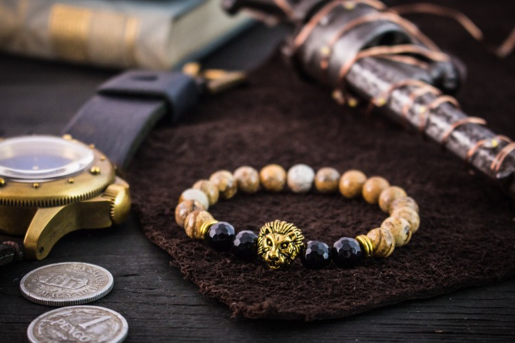 Brody - 8mm - Jasper Stone Beaded Stretchy Bracelet With Gold Lion Head & Faceted Onyx Beads from STRAPSANDBRACELETS