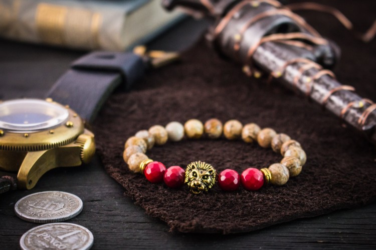 Oliwier - 8mm - Jasper Stone Beaded Stretchy Bracelet with Gold Lion Head & Faceted Red Imitation Coral Beads from STRAPSANDBRACELETS