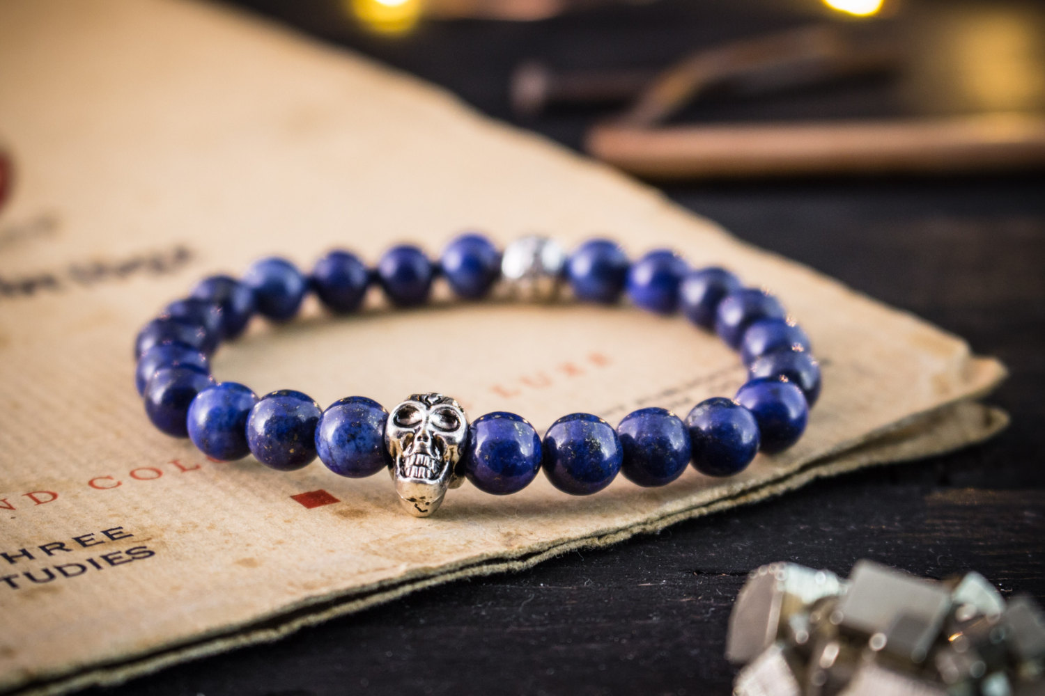 Donnie - 8mm - Blue Lapis Lazuli Beaded Stretchy Bracelet with Silver Skull Donnie - 8mm - Blue Lapis Lazuli Beaded Stretchy Bracelet with Silver Skull