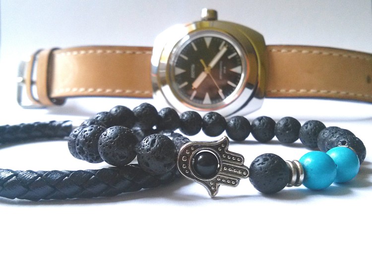 Dre - 8mm - Lava Stone and Turquoise Beaded Stretchy Bracelet with Silver Charms Hamsa Hand from STRAPSANDBRACELETS