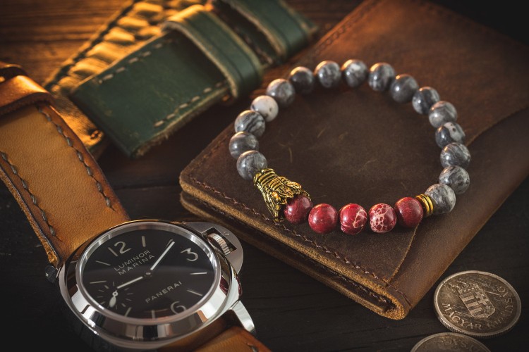 Enoch - 8mm - Light Gray Picasso Stone & Red Regalite Beaded Stretchy Bracelet with Gold Dragon from STRAPSANDBRACELETS