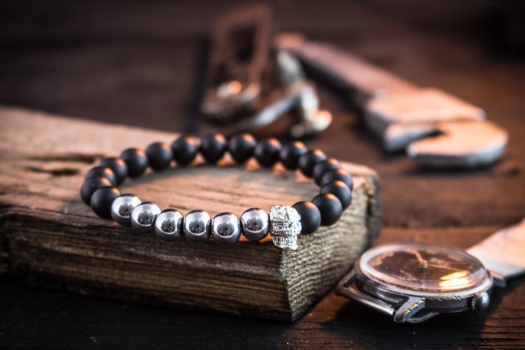 Topher - 8mm - Matte Black And Silver Beaded Stretchy Bracelet with Skull from STRAPSANDBRACELETS