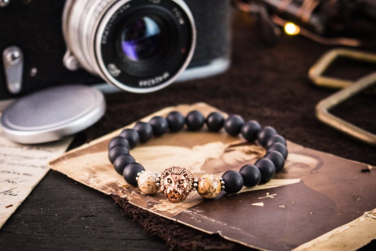 Jaidon - 8mm - Matte Black Beaded Rose Gold Lion Stretchy Bracelet with Jasper Stone Beads and Silver Flowers from STRAPSANDBRACELETS
