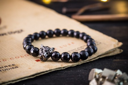 Maicen - 8mm - Matte Black Onyx Beaded Stretchy Bracelet with Gunmetal Black Leopard & Faceted Onyx Beads