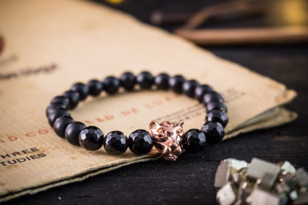 Koban - 8mm - Matte Black Onyx Beaded Stretchy Bracelet with Rose Gold Leopard & Faceted Onyx Beads